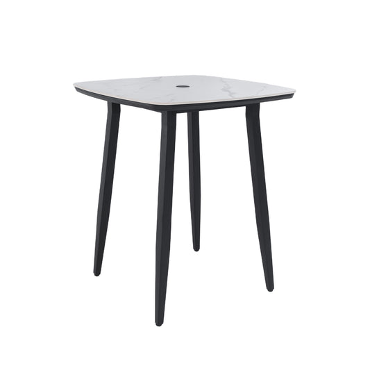 35.4'' Rounded Square Outdoor Bar Table, Greek White Marble-Inspired Sintered StoneTop, Umbrella Hole, Rust-Free Aluminum Frame, Ember Black, Weatherproof Bistro Table for Garden, Poolside