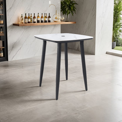 35.4'' Rounded Square Outdoor Bar Table, Greek White Marble-Inspired Sintered StoneTop, Umbrella Hole, Rust-Free Aluminum Frame, Ember Black, Weatherproof Bistro Table for Garden, Poolside