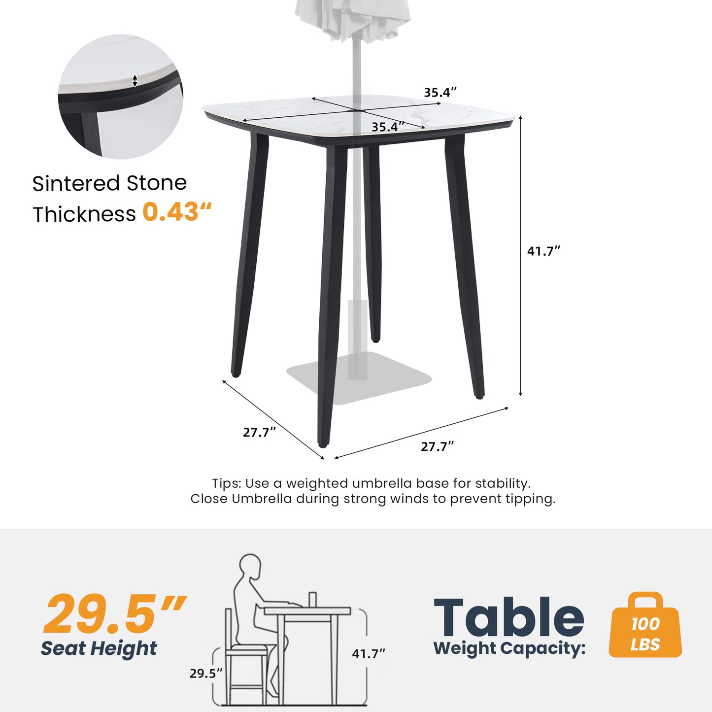 35.4'' Rounded Square Outdoor Bar Table, Greek White Marble-Inspired Sintered StoneTop, Umbrella Hole, Rust-Free Aluminum Frame, Ember Black, Weatherproof Bistro Table for Garden, Poolside