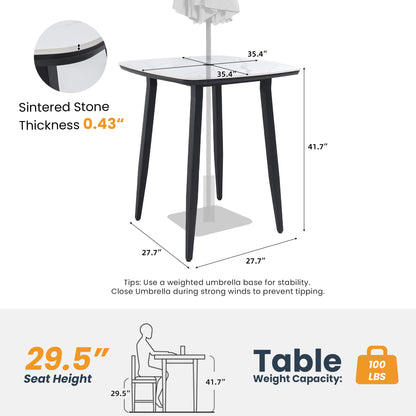 35.4'' Rounded Square Outdoor Bar Table, Greek White Marble-Inspired Sintered StoneTop, Umbrella Hole, Rust-Free Aluminum Frame, Ember Black, Weatherproof Bistro Table for Garden, Poolside