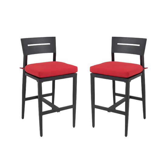 Outdoor 2PC Bar Stools, Aluminum Patio Bar Chair with Ergonomic Backrest, Tapered Legs, Footrest, Ember Black, Sunbrella Cushion, Weather-Resistant, for Garden, Poolside, and Kitchen Island