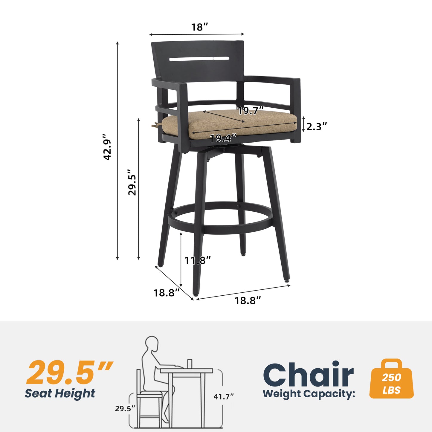 2-Piece Swivel Bar Chairs – Aluminum Frame with Ember Black, 360° Swivel, Ergonomic Backrest & Armrests, Tapered Legs, Sunbrella Cushion, Weather-Resistant & Durable Patio Bar Stool