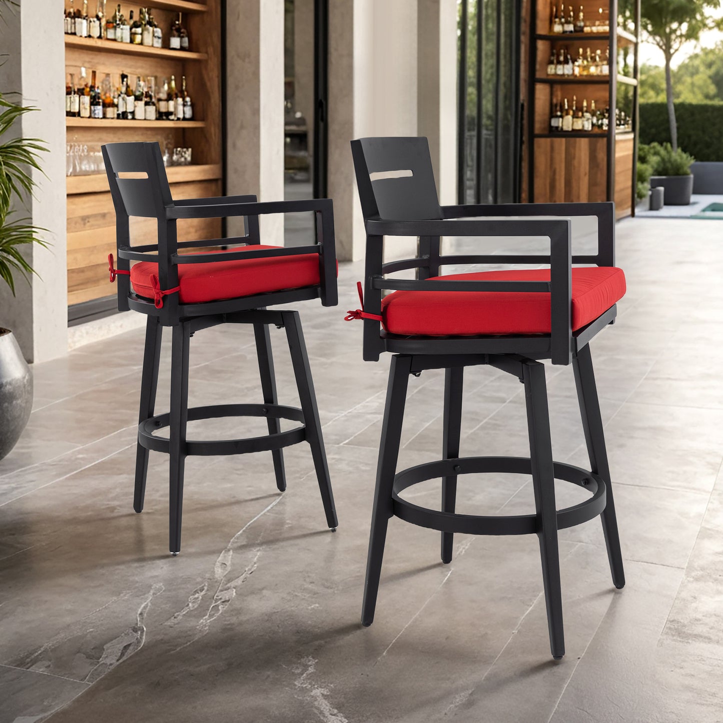 2-Piece Swivel Bar Chairs – Aluminum Frame with Ember Black, 360° Swivel, Ergonomic Backrest & Armrests, Tapered Legs, Sunbrella Cushion, Weather-Resistant & Durable Patio Bar Stool