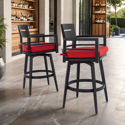 2-Piece Swivel Bar Chairs – Aluminum Frame with Ember Black, 360° Swivel, Ergonomic Backrest & Armrests, Tapered Legs, Sunbrella Cushion, Weather-Resistant & Durable Patio Bar Stool