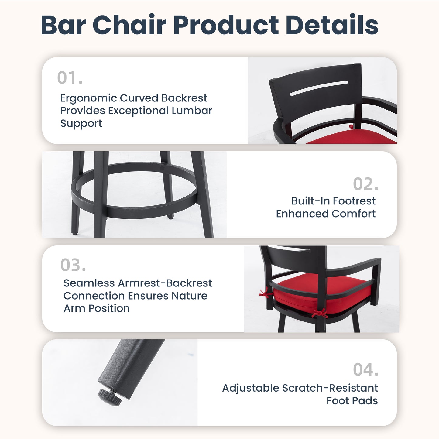 2-Piece Swivel Bar Chairs – Aluminum Frame with Ember Black, 360° Swivel, Ergonomic Backrest & Armrests, Tapered Legs, Sunbrella Cushion, Weather-Resistant & Durable Patio Bar Stool