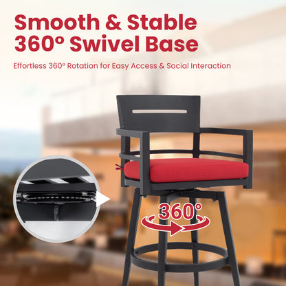2-Piece Swivel Bar Chairs – Aluminum Frame with Ember Black, 360° Swivel, Ergonomic Backrest & Armrests, Tapered Legs, Sunbrella Cushion, Weather-Resistant & Durable Patio Bar Stool