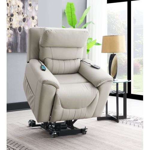 Marsha Light Gray Silicone Synthetic Leather Power Motion Recliner with Lift, Heating & Massage Chair