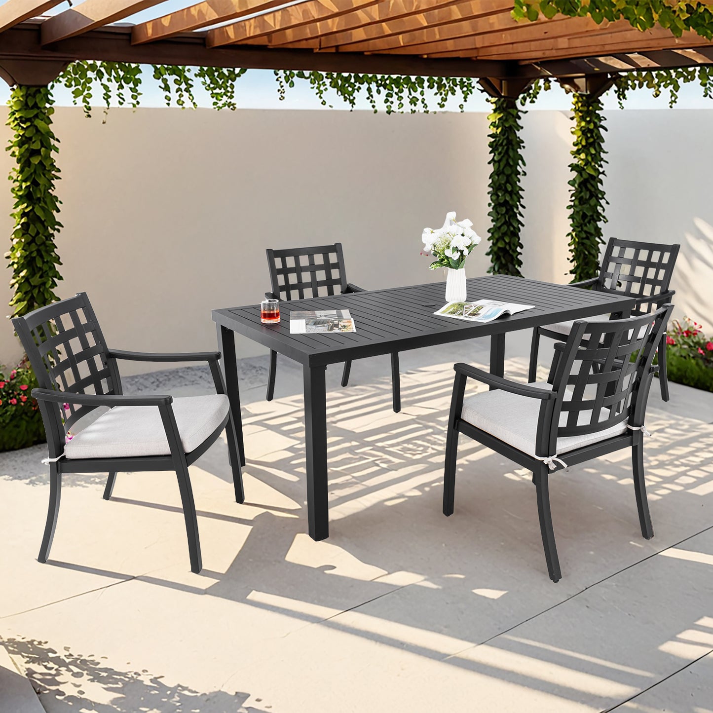 Modern Classic 5Piece Outdoor Patio Dining Set,a Rectangular Table and Four Stationary Dining Chairs,Cast Aluminum,Rust-Free,Textured Ember Black Finish,Sunbrella Cushions,Weather-Resistant,for Garden