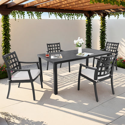 Modern Classic 5Piece Outdoor Patio Dining Set,a Rectangular Table and Four Stationary Dining Chairs,Cast Aluminum,Rust-Free,Textured Ember Black Finish,Sunbrella Cushions,Weather-Resistant,for Garden