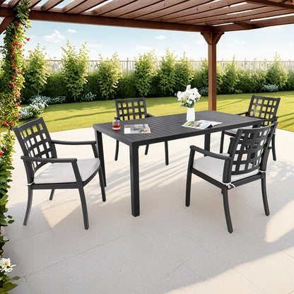 Modern Classic 5Piece Outdoor Patio Dining Set,a Rectangular Table and Four Stationary Dining Chairs,Cast Aluminum,Rust-Free,Textured Ember Black Finish,Sunbrella Cushions,Weather-Resistant,for Garden