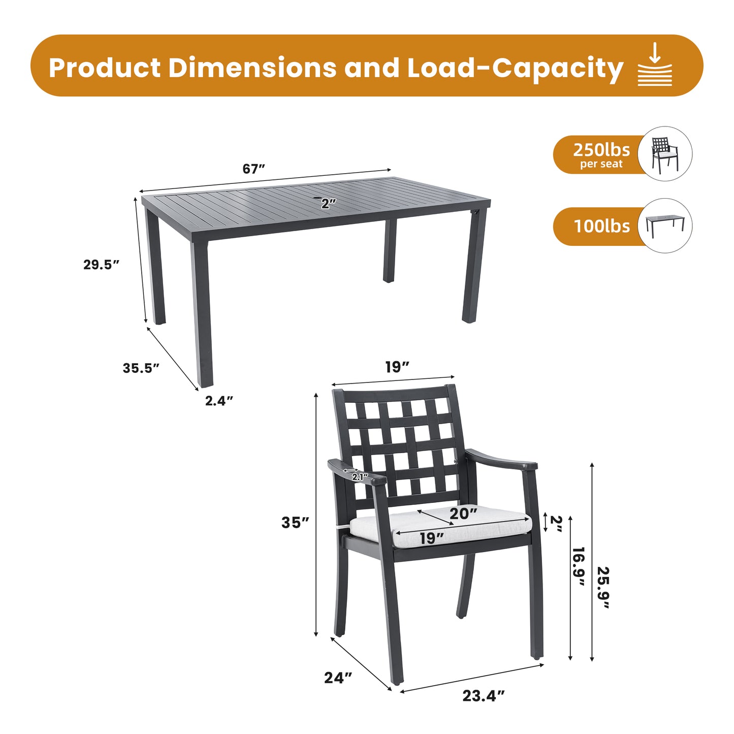 Modern Classic 5Piece Outdoor Patio Dining Set,a Rectangular Table and Four Stationary Dining Chairs,Cast Aluminum,Rust-Free,Textured Ember Black Finish,Sunbrella Cushions,Weather-Resistant,for Garden