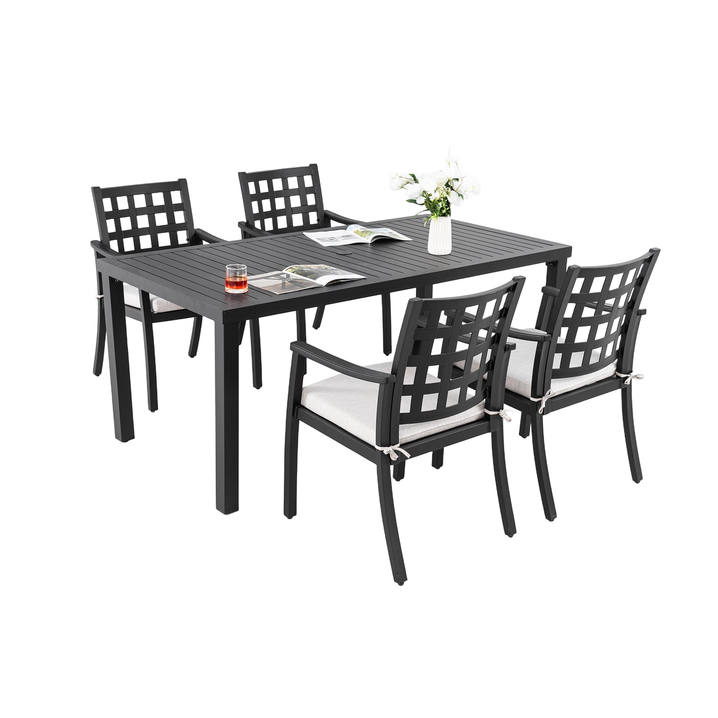 Modern Classic 5Piece Outdoor Patio Dining Set,a Rectangular Table and Four Stationary Dining Chairs,Cast Aluminum,Rust-Free,Textured Ember Black Finish,Sunbrella Cushions,Weather-Resistant,for Garden