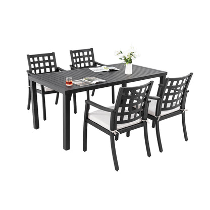 Modern Classic 5Piece Outdoor Patio Dining Set,a Rectangular Table and Four Stationary Dining Chairs,Cast Aluminum,Rust-Free,Textured Ember Black Finish,Sunbrella Cushions,Weather-Resistant,for Garden