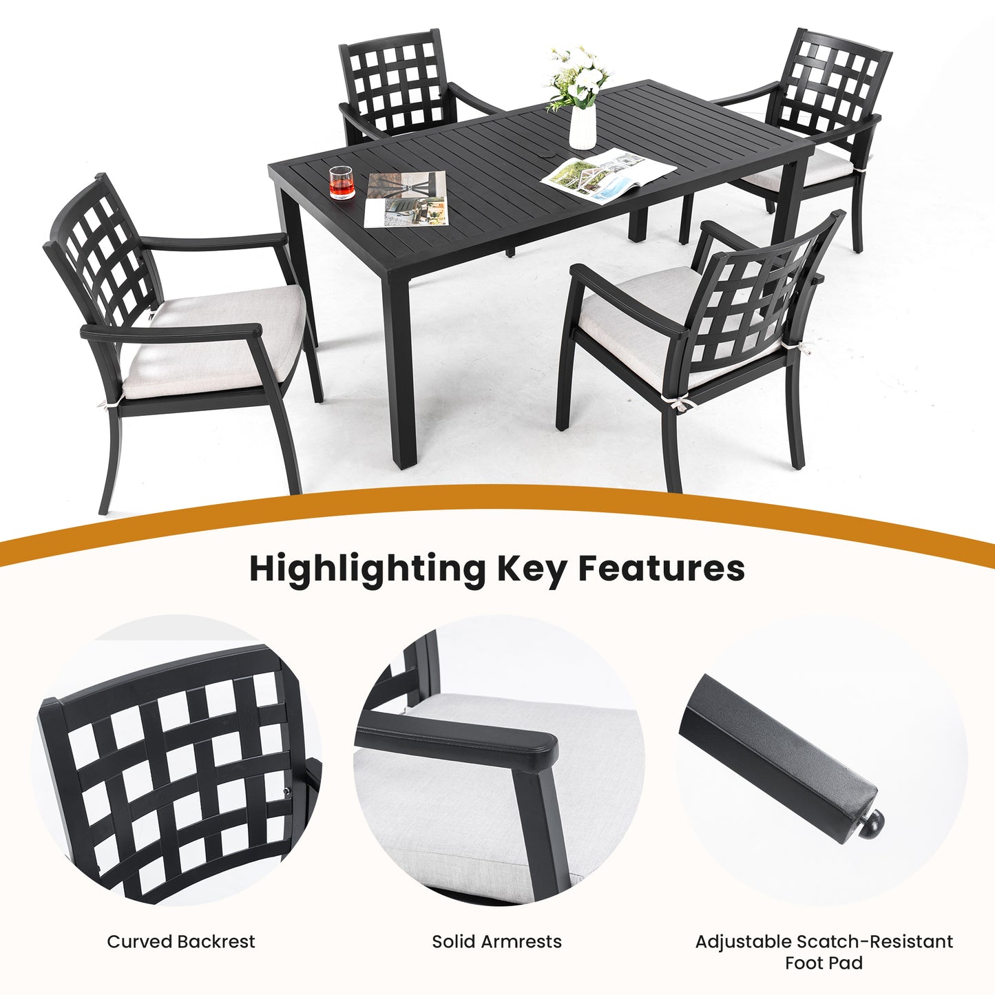 Modern Classic 5Piece Outdoor Patio Dining Set,a Rectangular Table and Four Stationary Dining Chairs,Cast Aluminum,Rust-Free,Textured Ember Black Finish,Sunbrella Cushions,Weather-Resistant,for Garden