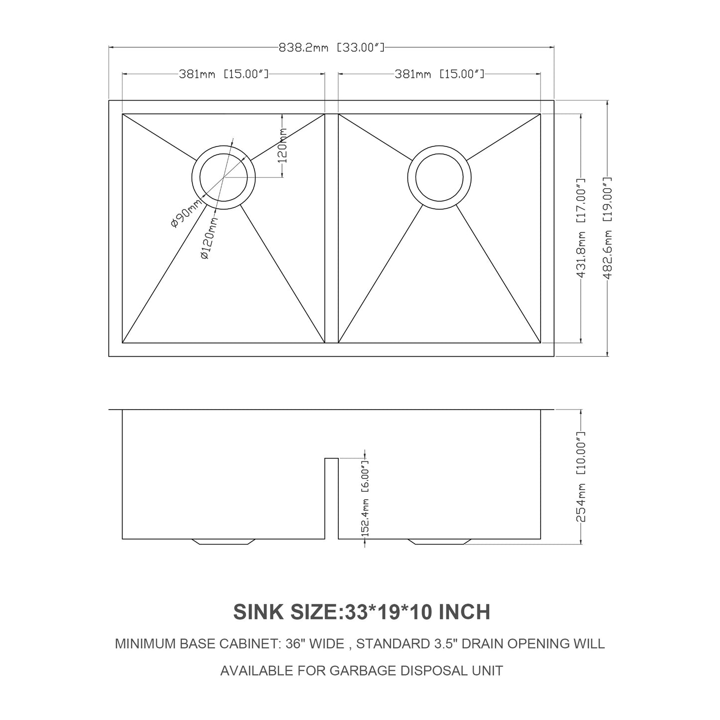 Double Bowl(50/50) Undermount Sink- 33"x19" Double Bowl Kitchen Sink 16 Gauge with Two 10" Deep Basin