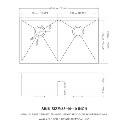 Double Bowl(50/50) Undermount Sink- 33"x19" Double Bowl Kitchen Sink 16 Gauge with Two 10" Deep Basin