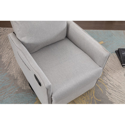 038-Cotton Linen Fabric Swivel Rocking Chair Glider Rocker Recliner Nursery Chair With Adjustable Back And Footrest For Living Room Indoor,Light Gray