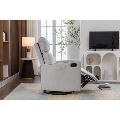 038-Cotton Linen Fabric Swivel Rocking Chair Glider Rocker Recliner Nursery Chair With Adjustable Back And Footrest For Living Room Indoor,Light Gray