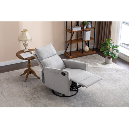 038-Cotton Linen Fabric Swivel Rocking Chair Glider Rocker Recliner Nursery Chair With Adjustable Back And Footrest For Living Room Indoor,Light Gray