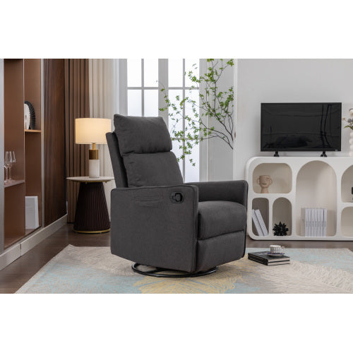 038-Cotton Linen Fabric Swivel Rocking Chair Glider Rocker Recliner Nursery Chair With Adjustable Back And Footrest For Living Room Indoor,Dark Gray