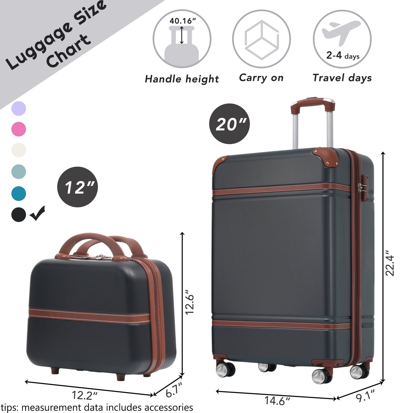 20 IN Hardside Luggage with Cosmetic Case , 2 Piece Lightweight Suitcase Set with Spinner Wheels, Carry on Vintage Luggage,Black