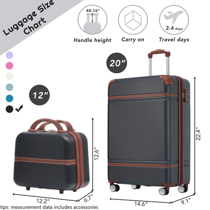 20 IN Hardside Luggage with Cosmetic Case , 2 Piece Lightweight Suitcase Set with Spinner Wheels, Carry on Vintage Luggage,Black