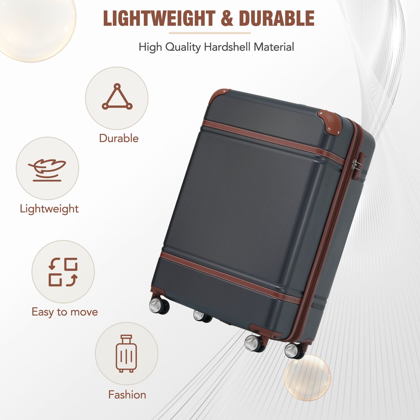 20 IN Hardside Luggage with Cosmetic Case , 2 Piece Lightweight Suitcase Set with Spinner Wheels, Carry on Vintage Luggage,Black