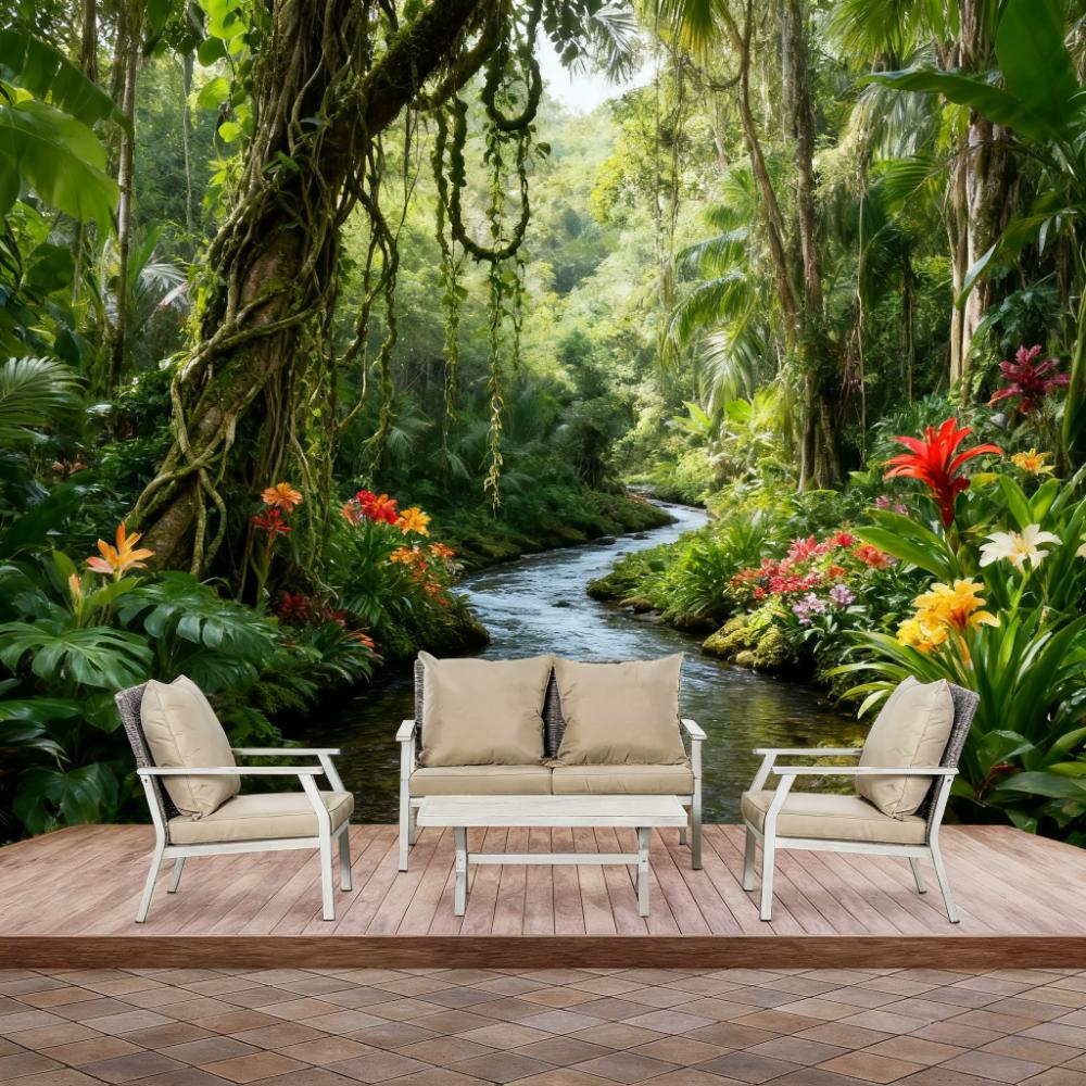 Beige Outdoor Wicker Conversation Sofa Sets 4 Pieces Set with Cushions for Backyard, Poolside, Garden