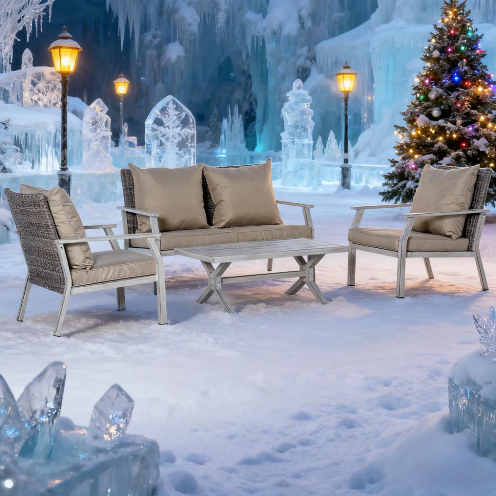 Beige Outdoor Wicker Conversation Sofa Sets 4 Pieces Set with Cushions for Backyard, Poolside, Garden