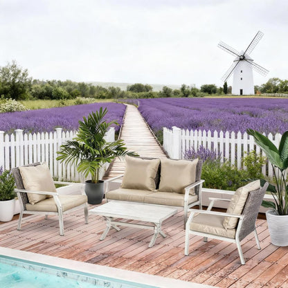 Beige Outdoor Wicker Conversation Sofa Sets 4 Pieces Set with Cushions for Backyard, Poolside, Garden