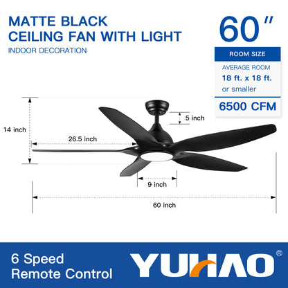 60 In Intergrated LED Ceiling Fan Lighting with Black ABS Blade