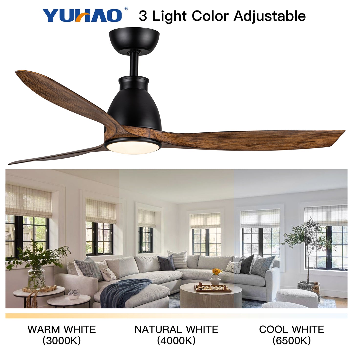 52 In. Wood Grain Blades Intergrated LED Ceiling Fan with Remote Control
