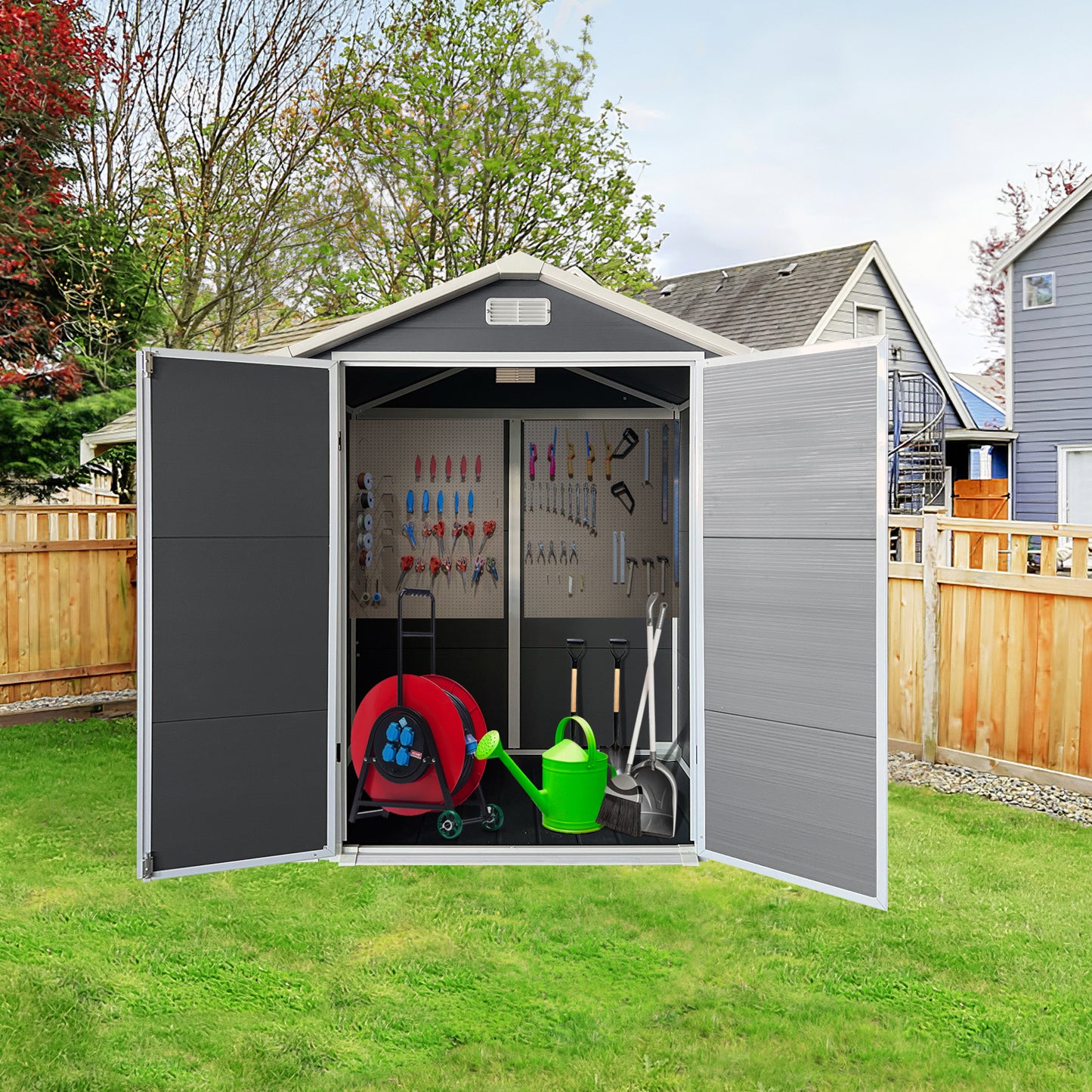 6ft x 4ft Plastic Outdoor Storage with Floor and Lockable Door Plastic Garden Shed for Backyard, Lawn, Gray