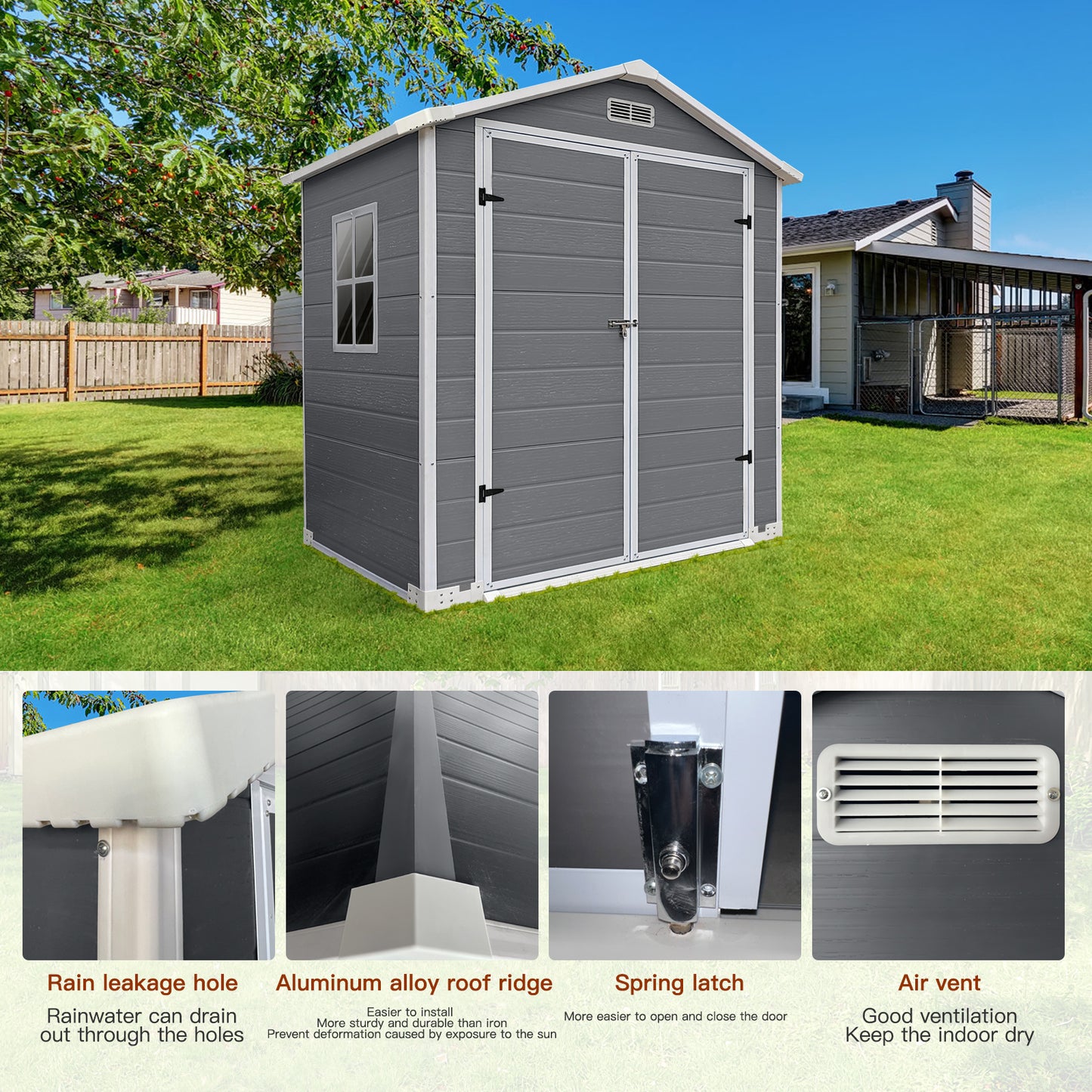 6ft x 4ft Plastic Outdoor Storage with Floor and Lockable Door Plastic Garden Shed for Backyard, Lawn, Gray