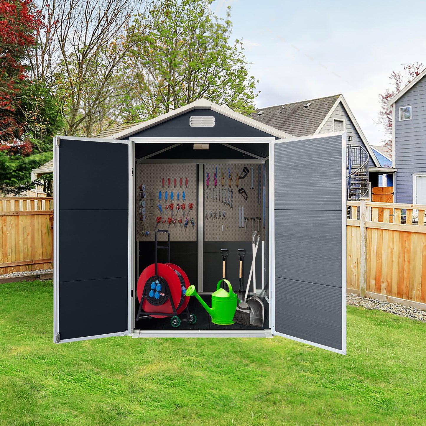 6ft x 4ft Plastic Outdoor Storage with Floor and Lockable Door Plastic Garden Shed for Backyard, Lawn, Cold Grey