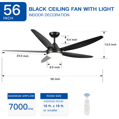 56 In Intergrated LED Ceiling Fan Lighting with Black ABS Blade