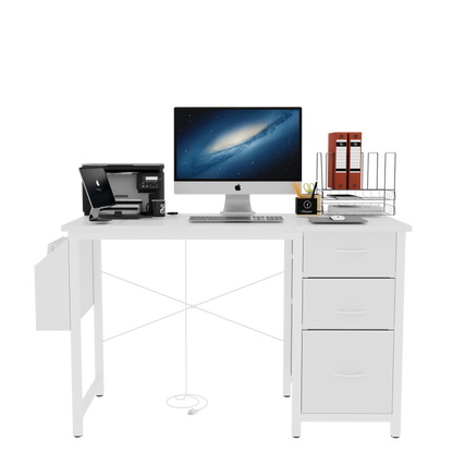 47.3"office desk with power outlet,3 drawers,Side Pocket, Study Desk Easy to Assemble,Frame stability Reversible for home desk, company computer desk, game table,Vanity table, white