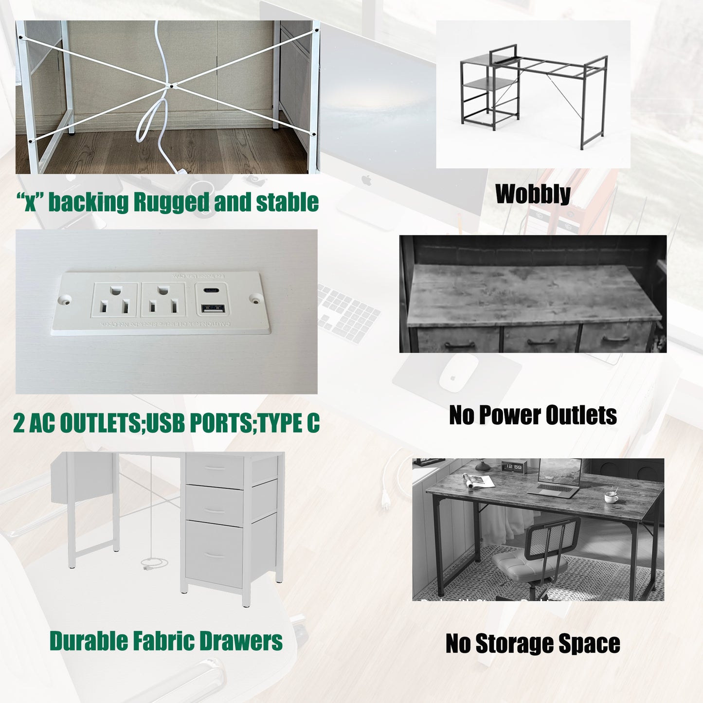 47.3"office desk with power outlet,3 drawers,Side Pocket, Study Desk Easy to Assemble,Frame stability Reversible for home desk, company computer desk, game table,Vanity table, white