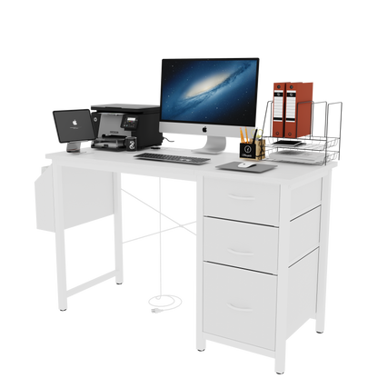 47.3"office desk with power outlet,3 drawers,Side Pocket, Study Desk Easy to Assemble,Frame stability Reversible for home desk, company computer desk, game table,Vanity table, white