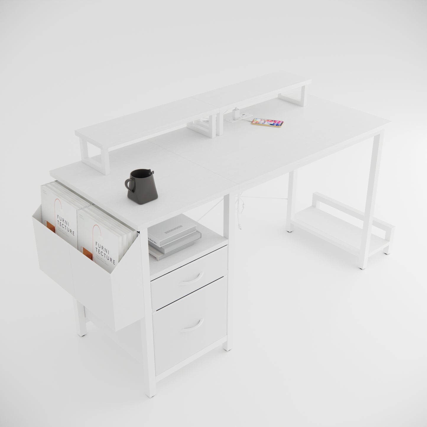 47.3"office desk with power outlet,2 Monitor Stands,2 drawers,Side Pocket,Easy to Assemble,Frame stability Reversible,use for home desk, computer desk, game table,White
