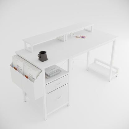 47.3"office desk with power outlet,2 Monitor Stands,2 drawers,Side Pocket,Easy to Assemble,Frame stability Reversible,use for home desk, computer desk, game table,White