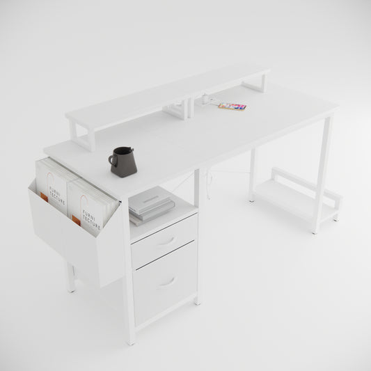 47.3"office desk with power outlet,2 Monitor Stands,2 drawers,Side Pocket,Easy to Assemble,Frame stability Reversible,use for home desk, computer desk, game table,White