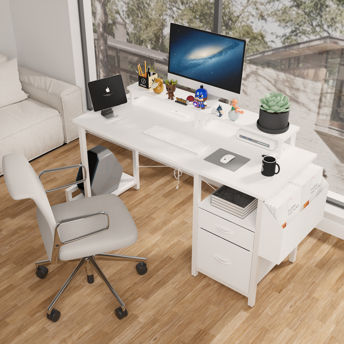47.3"office desk with power outlet,2 Monitor Stands,2 drawers,Side Pocket,Easy to Assemble,Frame stability Reversible,use for home desk, computer desk, game table,White