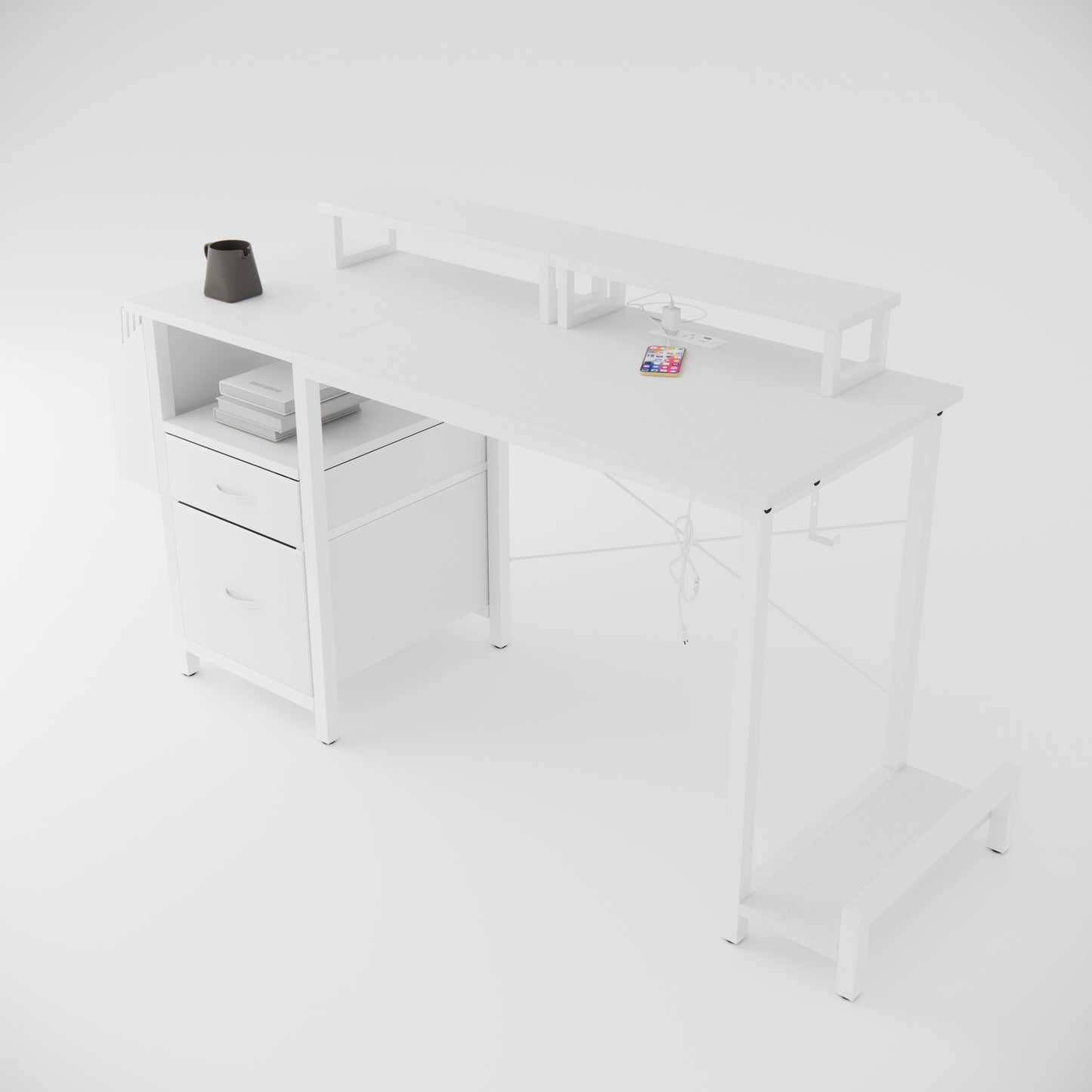 47.3"office desk with power outlet,2 Monitor Stands,2 drawers,Side Pocket,Easy to Assemble,Frame stability Reversible,use for home desk, computer desk, game table,White