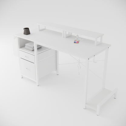 47.3"office desk with power outlet,2 Monitor Stands,2 drawers,Side Pocket,Easy to Assemble,Frame stability Reversible,use for home desk, computer desk, game table,White