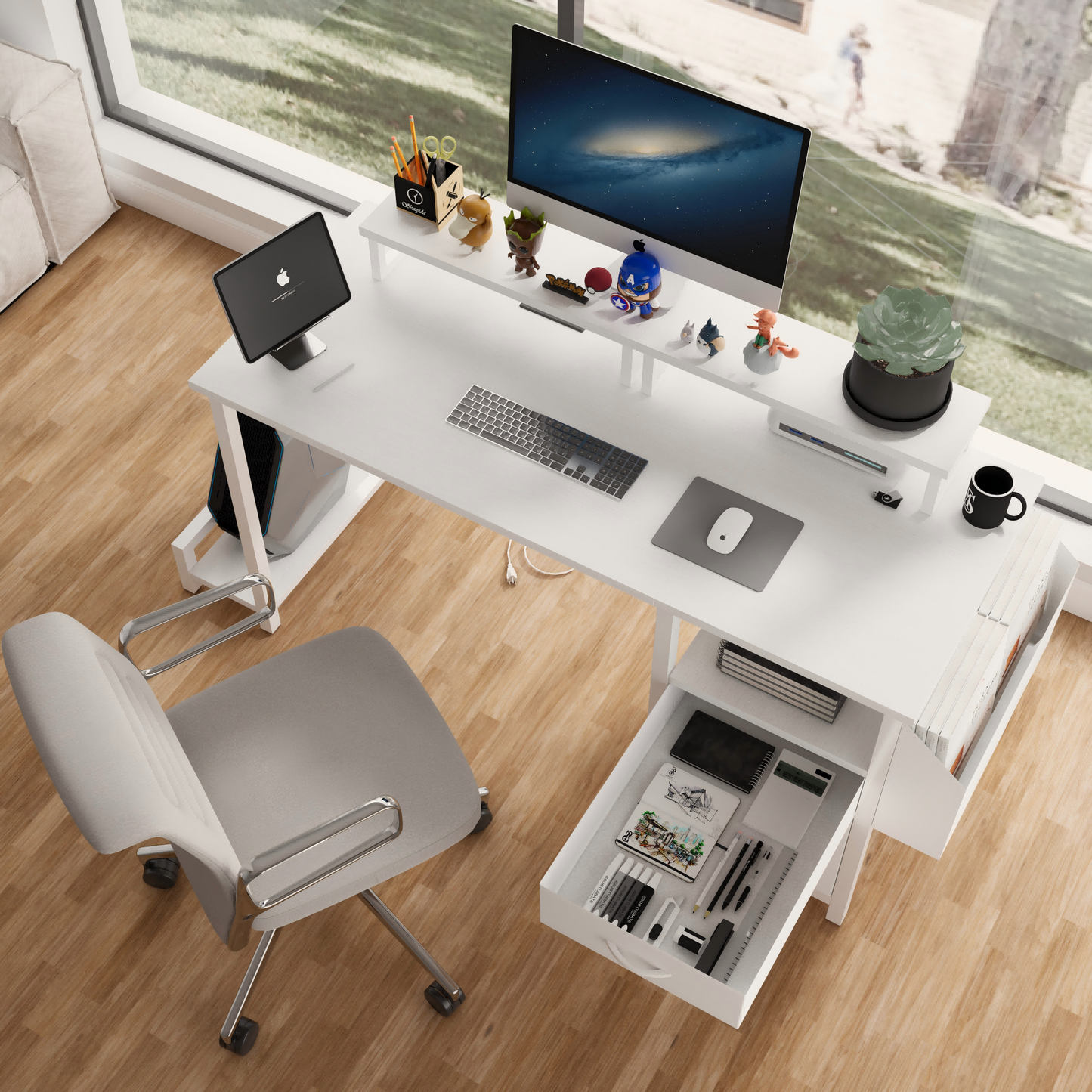 47.3"office desk with power outlet,2 Monitor Stands,2 drawers,Side Pocket,Easy to Assemble,Frame stability Reversible,use for home desk, computer desk, game table,White