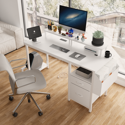 47.3"office desk with power outlet,2 Monitor Stands,2 drawers,Side Pocket,Easy to Assemble,Frame stability Reversible,use for home desk, computer desk, game table,White