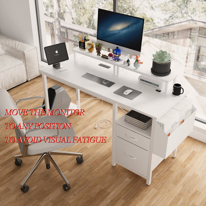 47.3"office desk with power outlet,2 Monitor Stands,2 drawers,Side Pocket,Easy to Assemble,Frame stability Reversible,use for home desk, computer desk, game table,White