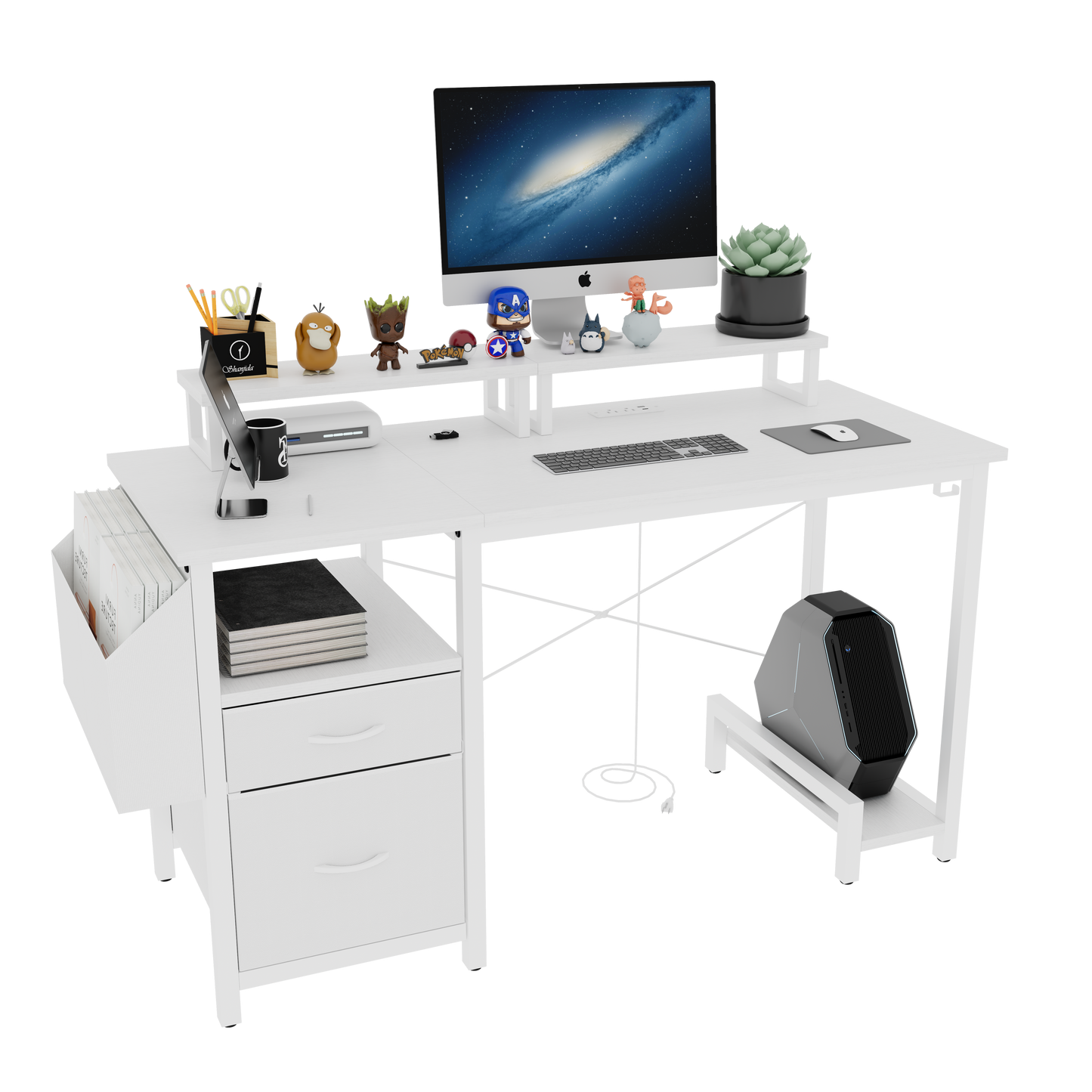 47.3"office desk with power outlet,2 Monitor Stands,2 drawers,Side Pocket,Easy to Assemble,Frame stability Reversible,use for home desk, computer desk, game table,White