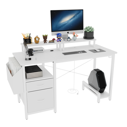 47.3"office desk with power outlet,2 Monitor Stands,2 drawers,Side Pocket,Easy to Assemble,Frame stability Reversible,use for home desk, computer desk, game table,White